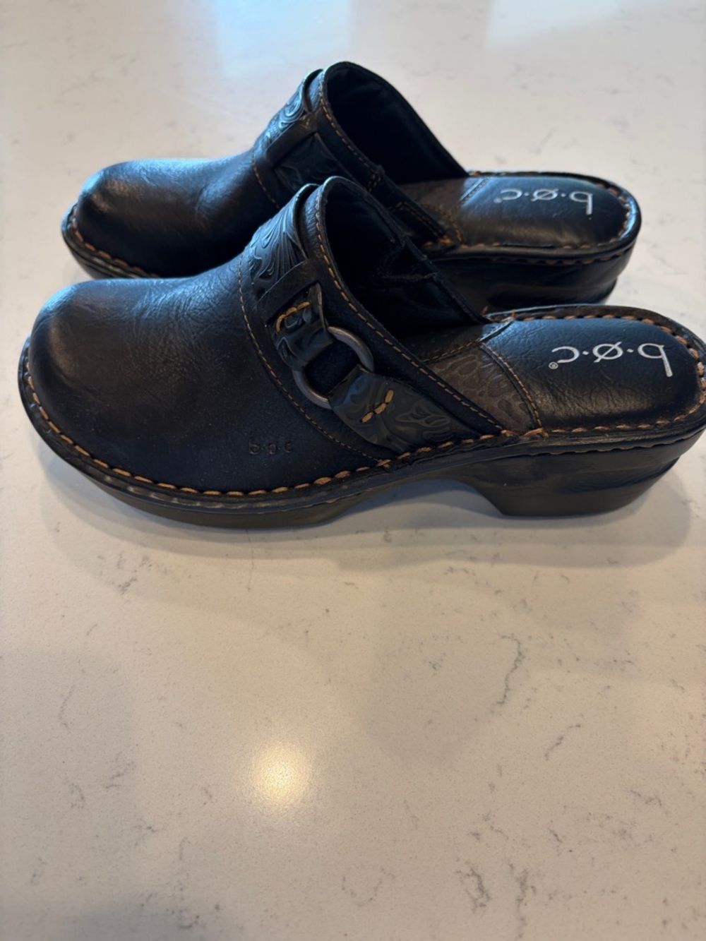 b.o.c. Black Leather Buckle Clog Mules